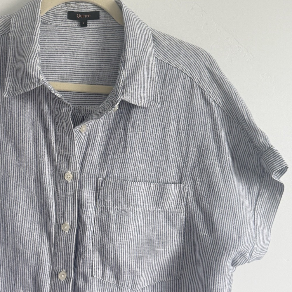 Quince Women L 100% European Linen Camp Shirt Blue Pinstripe Natural Scandi